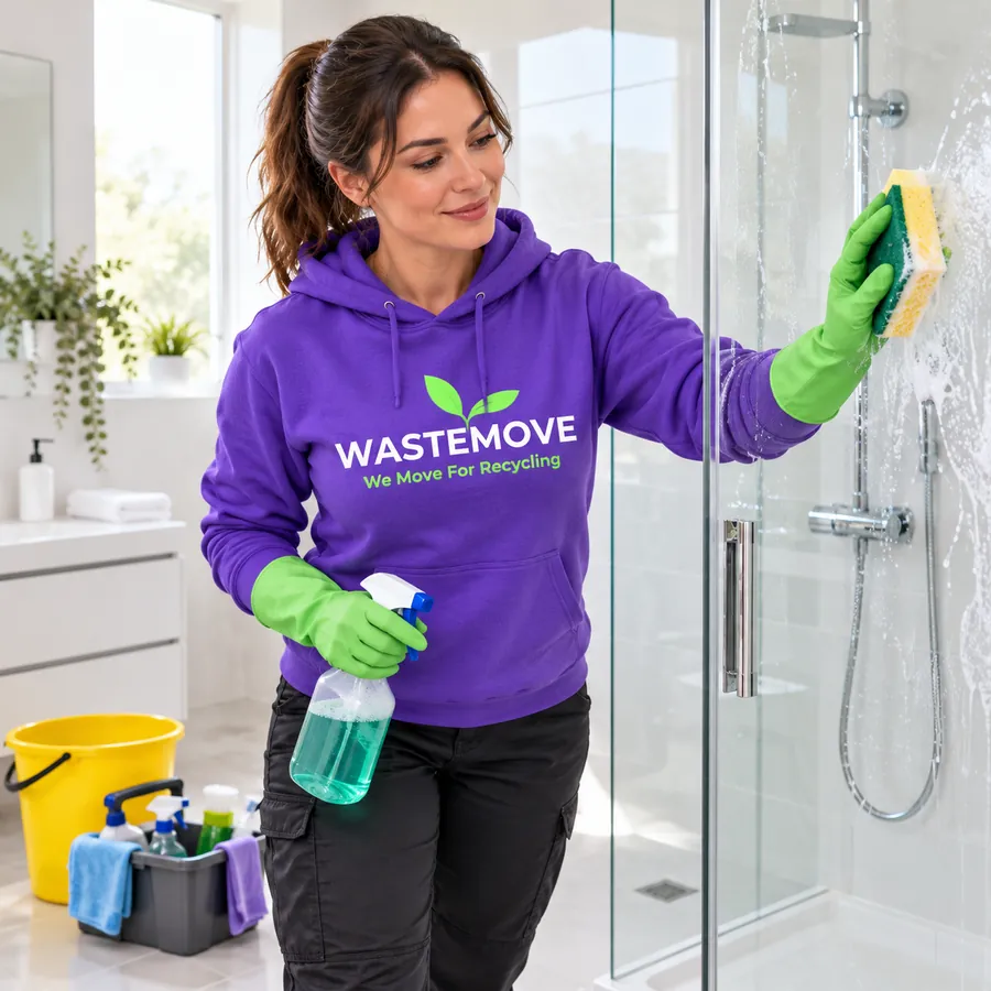 WasteMove cleaner in a purple hoodie and green gloves scrubbing a glass shower screen during a bathroom deep clean