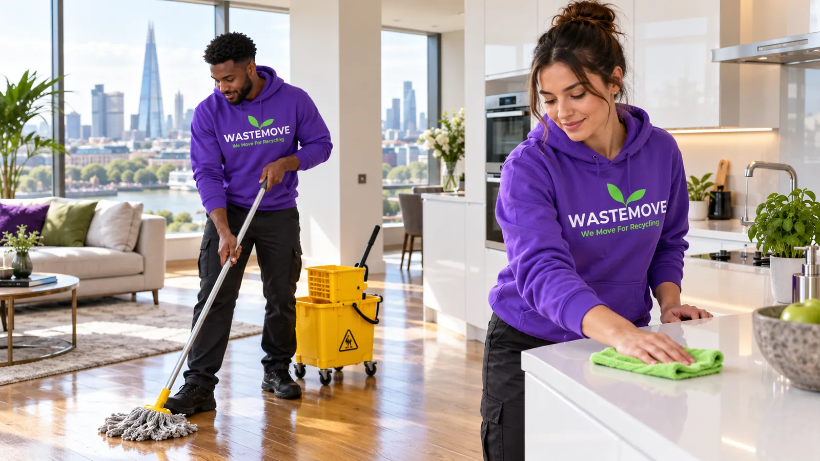 Two WasteMove cleaners in purple branded hoodies mopping the floor and wiping the kitchen worktop in a bright London flat